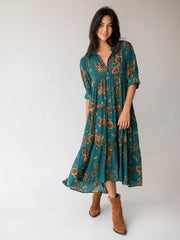 Rebecca Midi Dress - Teal Orange Clusters