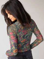 Sloane Mesh Long Sleeve Top - Green Painterly Vines