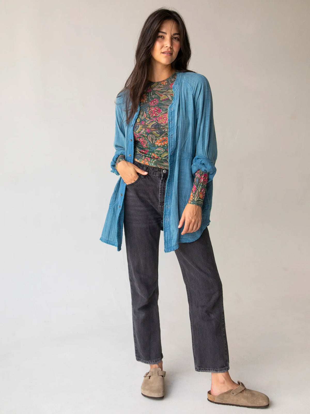 Sloane Mesh Long Sleeve Top - Green Painterly Vines