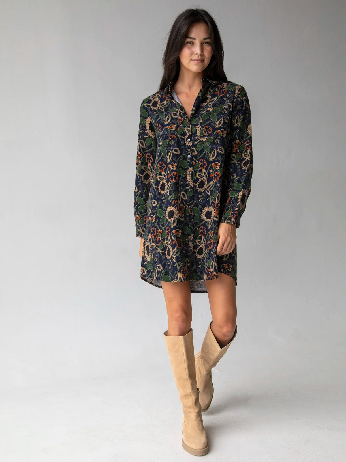 Rocky Corduroy Mini Dress - Navy Tan Dahlias
