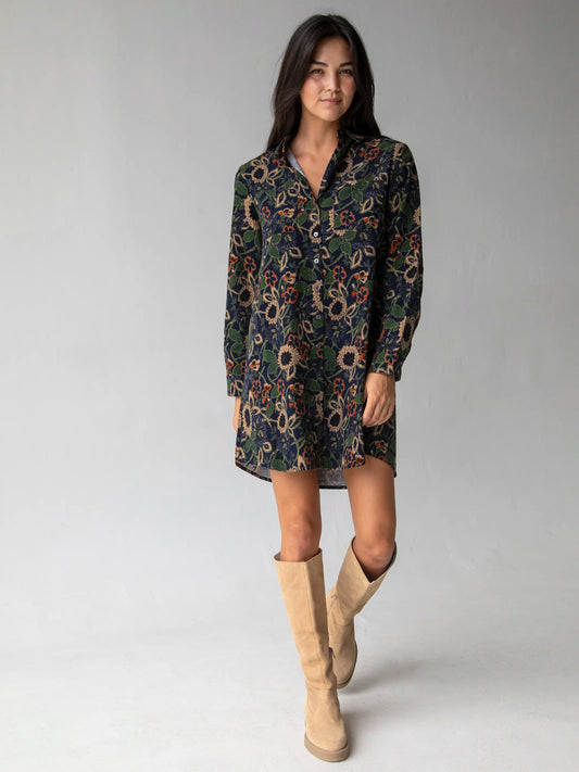 Rocky Corduroy Mini Dress - Navy Tan Dahlias