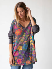 One Size Cotton Long Sleeve Easy V-Neck Tee - Charcoal Floral