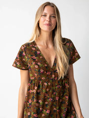 Avery Cotton Corduroy Midi Dress - Brown Floral Bouquets