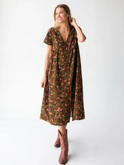 Avery Cotton Corduroy Midi Dress - Brown Floral Bouquets