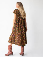 Avery Cotton Corduroy Midi Dress - Brown Floral Bouquets