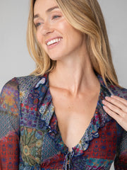 Sierra Ruffle Mesh Top - Blue Patchwork