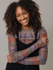 Sloane Mesh Long Sleeve Top - Brown Tuscany Border
