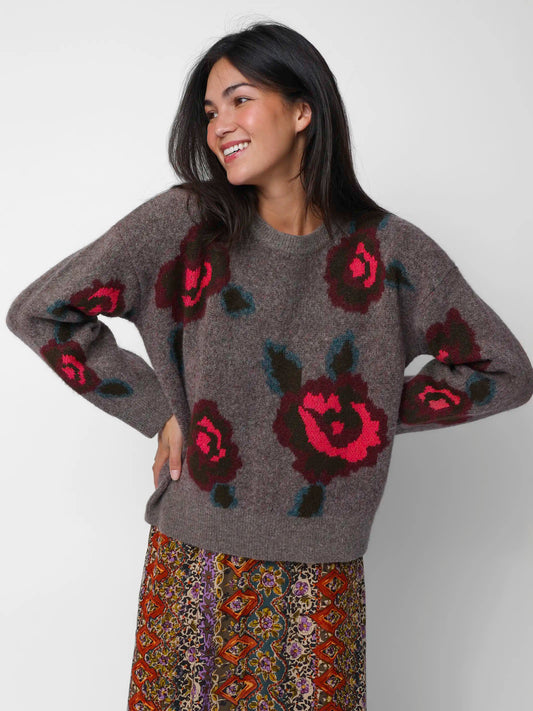 Rosie Reversible Jacquard Pullover Sweater - Stone Grey Rose