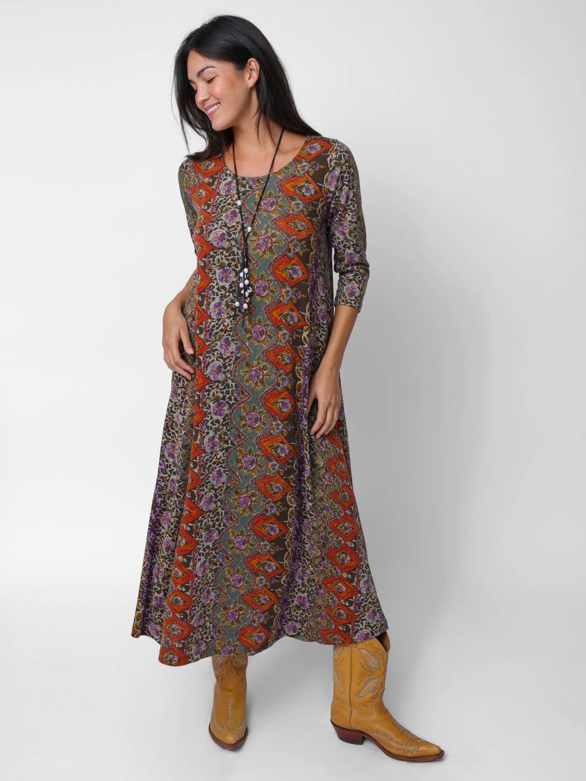 Lottie Sweater Knit Maxi Dress - Brown Tuscany Border
