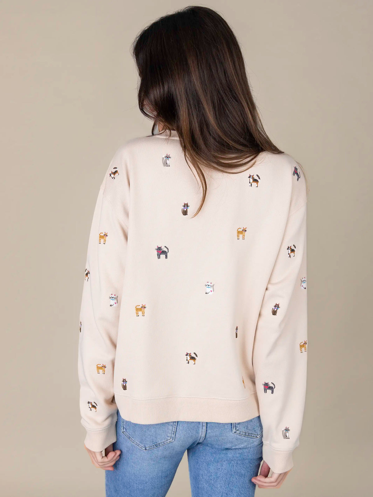 Fave Little Things Embroidered Sweatshirt - Cream Cats