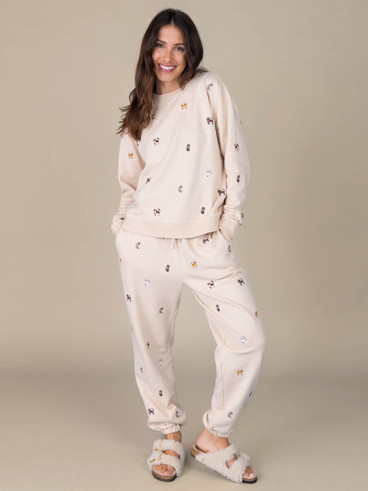 Fave Little Things Embroidered Jogger Pants - Cream Cats