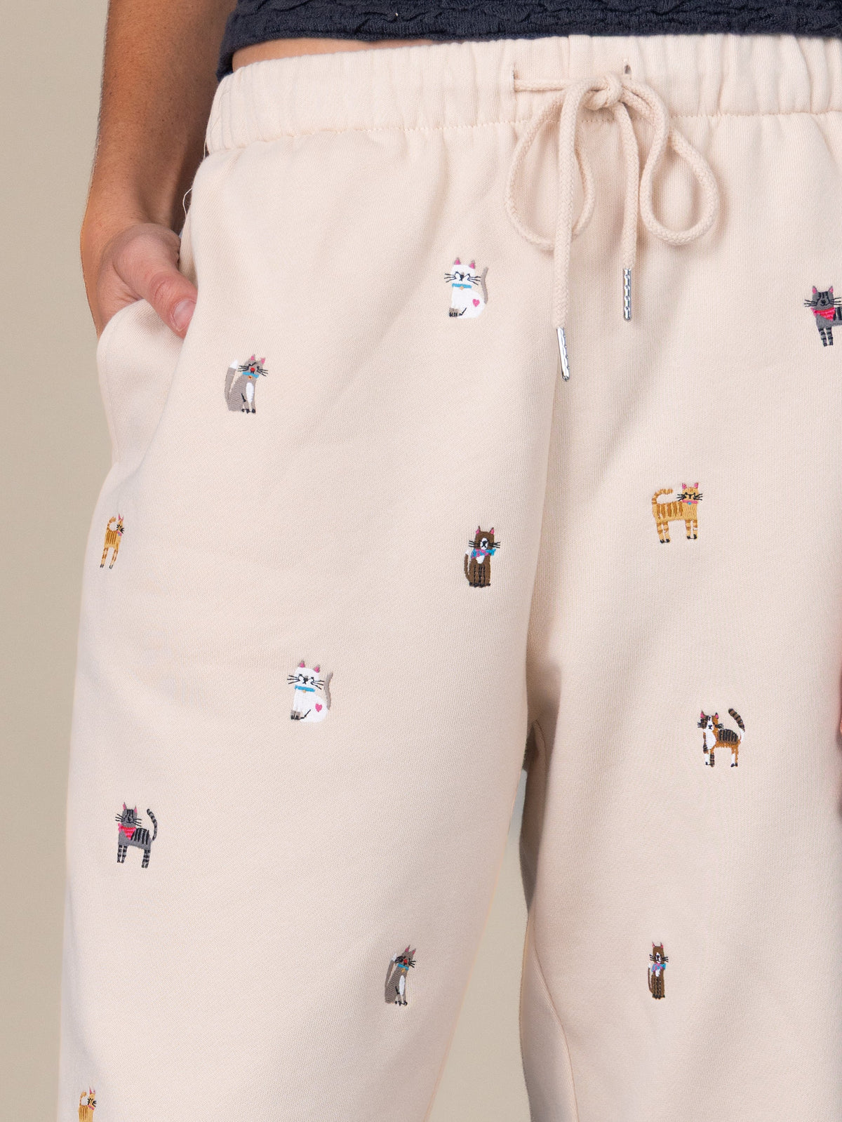 Fave Little Things Embroidered Jogger Pants - Cream Cats