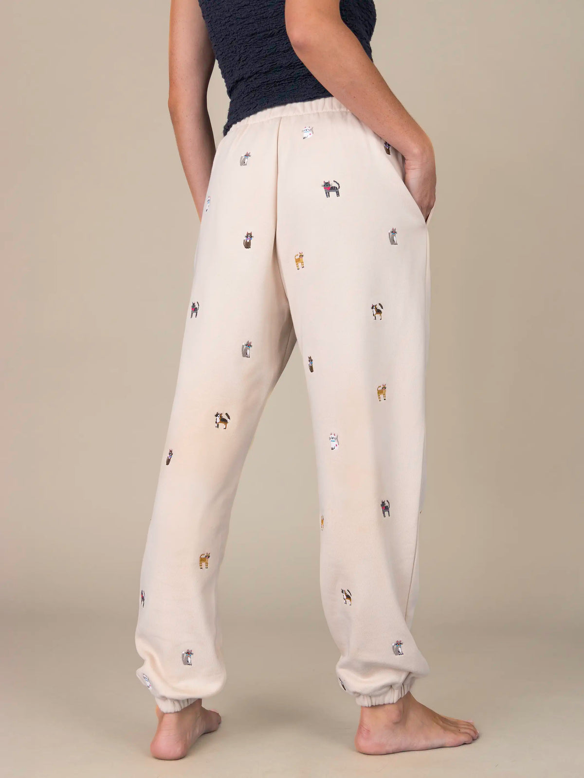 Fave Little Things Embroidered Jogger Pants - Cream Cats