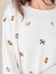 Parker Embroidered Thermal Tee - Cream Cats