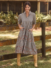 Rebecca Embroidered Cotton Midi Dress - Black Gingham