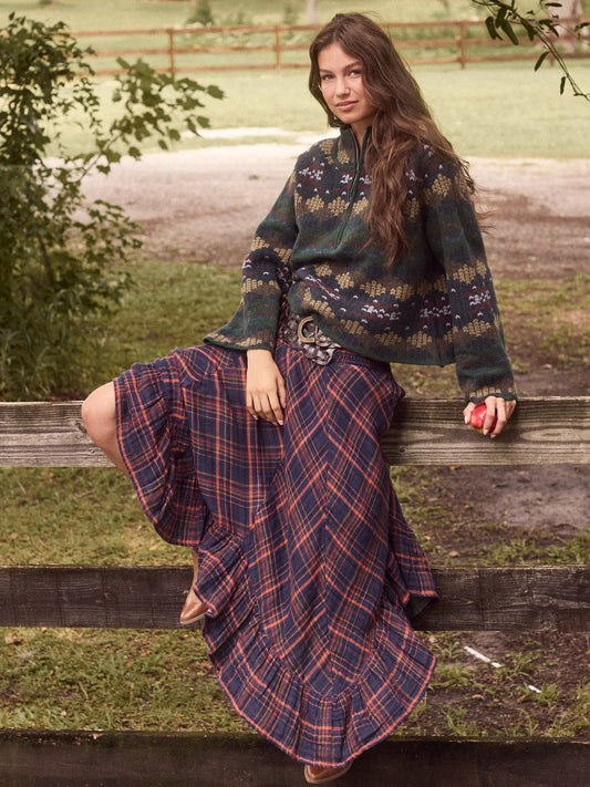 Feelin' Alive Convertible Cotton Midi Skirt - Navy Orange Plaid