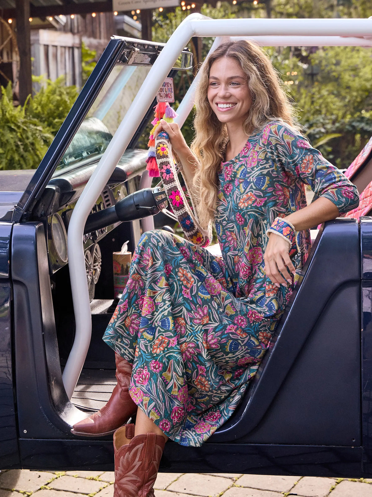 Lottie Sweater Knit Maxi Dress - Green Painterly Vines