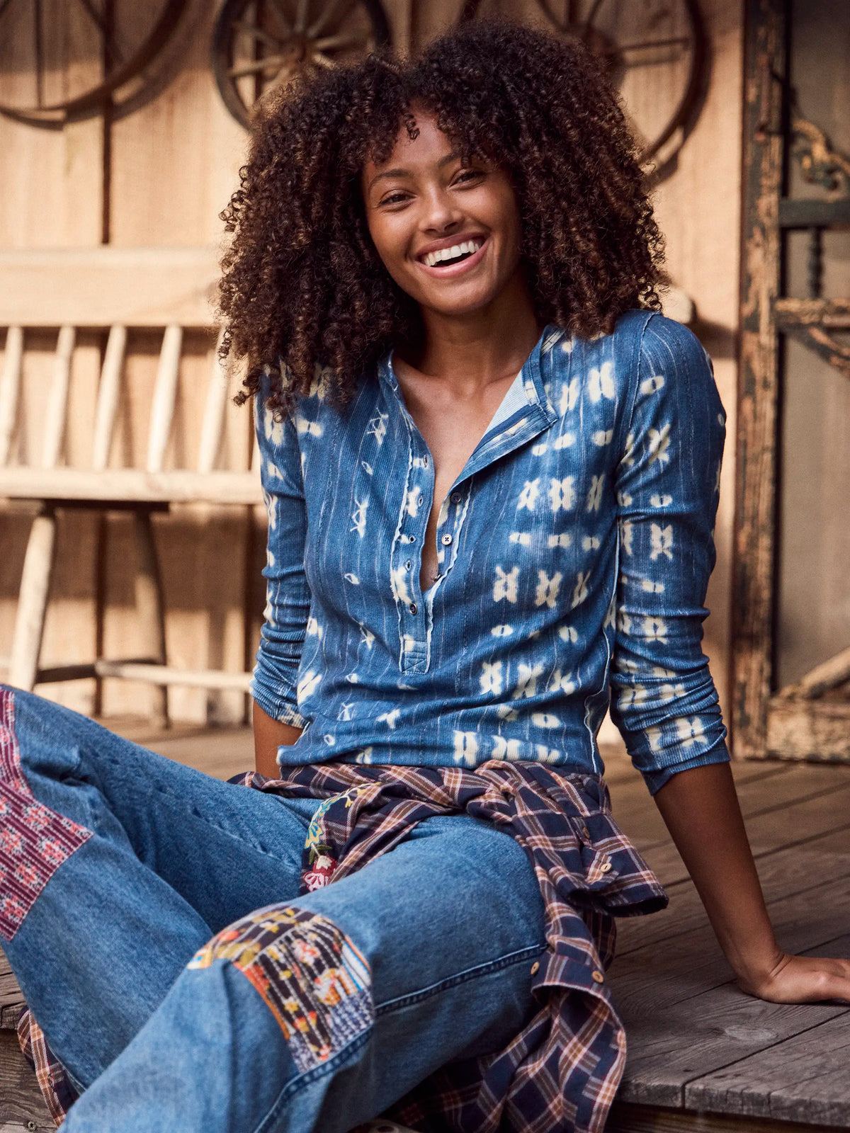 Layer Up Ribbed Henley - Shibori Stamps Indigo