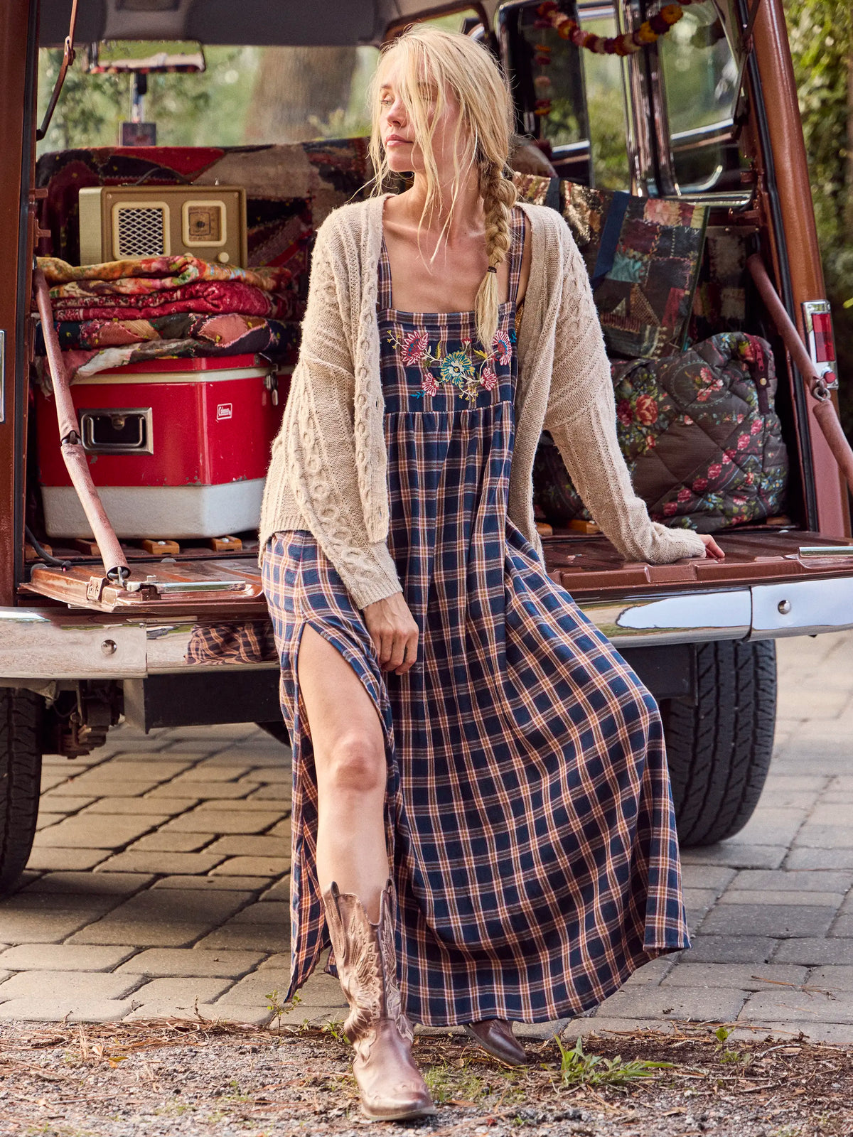 Patti Embroidered Cotton Flannel Maxi Dress - Navy Caramel Plaid