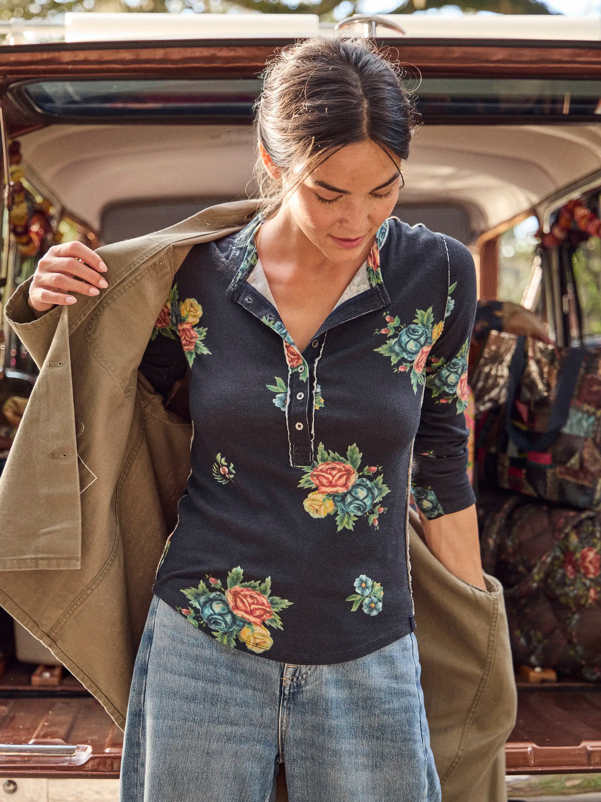 Layer Up Ribbed Henley - Mystic Bouquets Black
