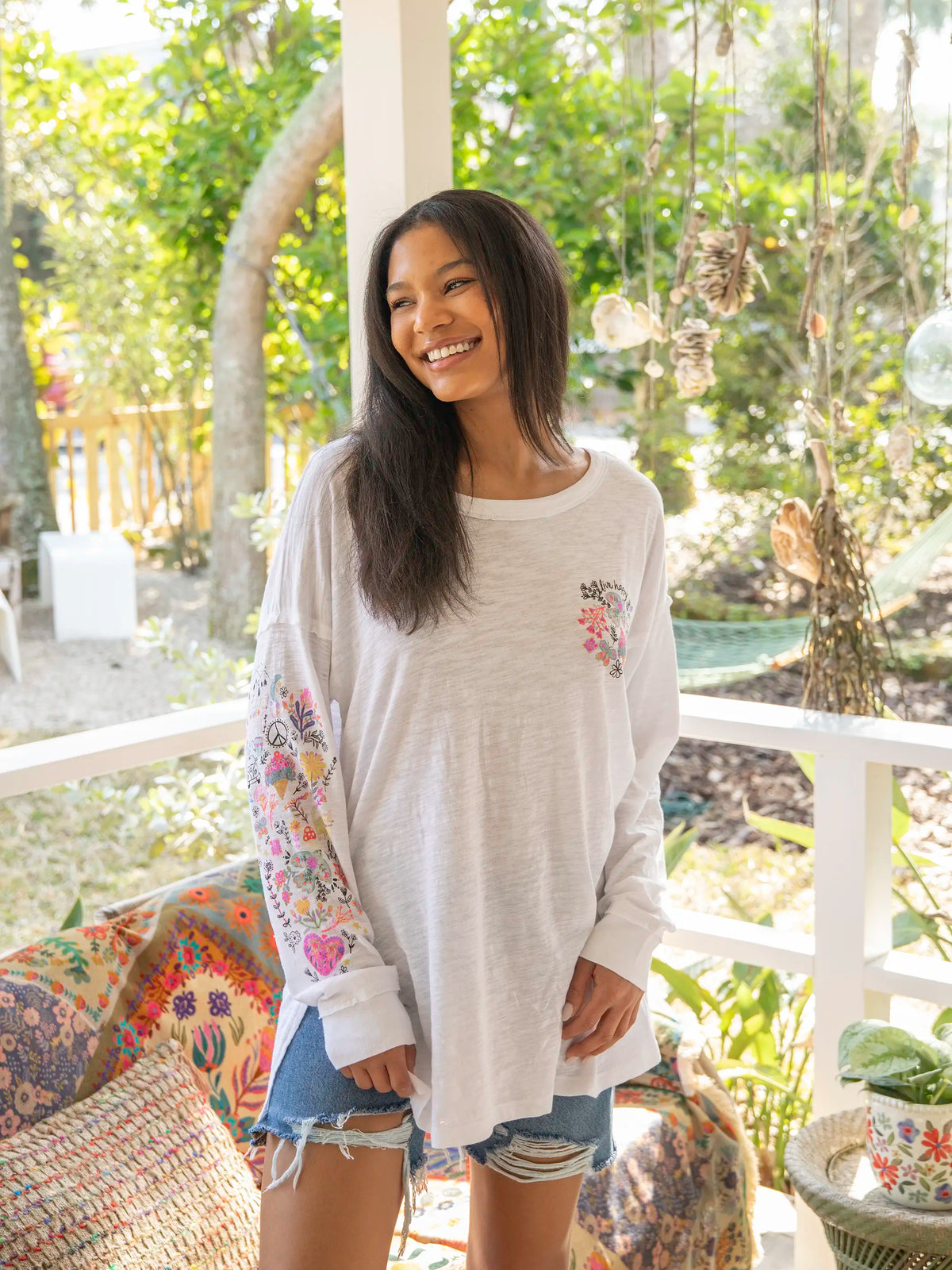 Oversized Cotton Doodle Tee - White