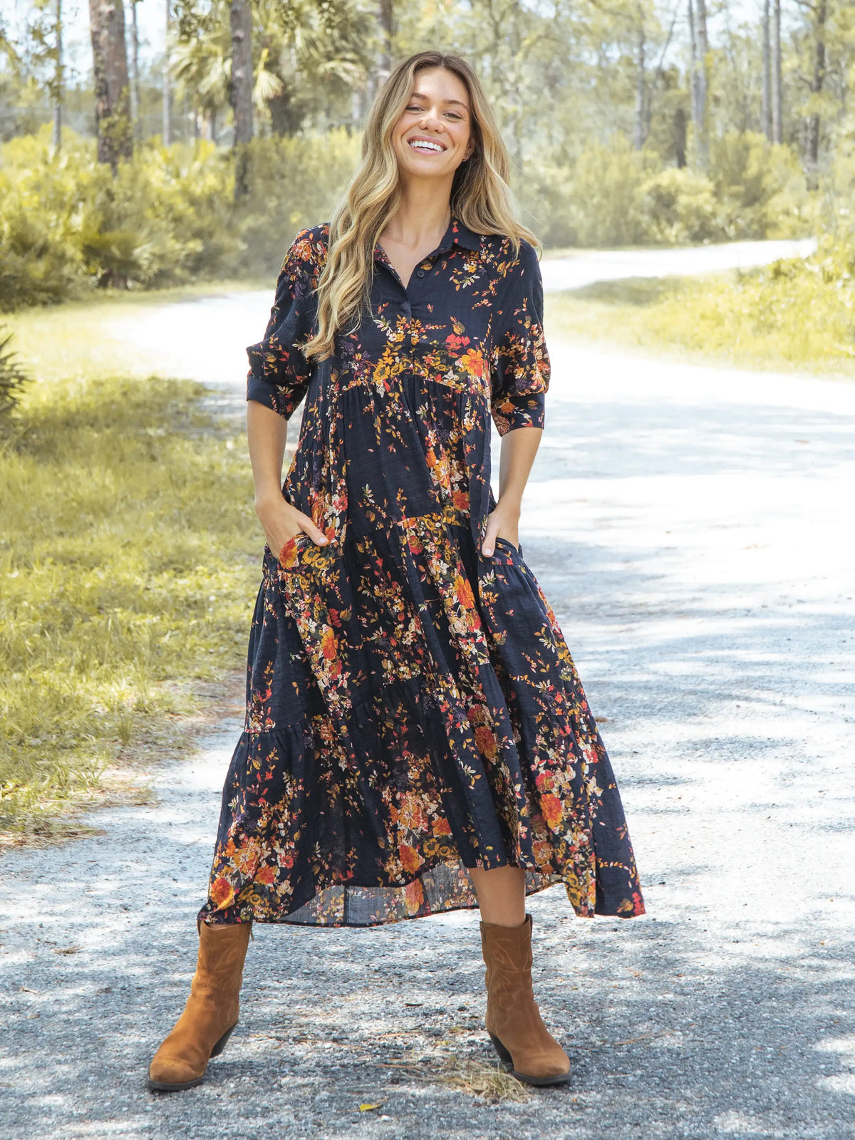 Rebecca Midi Dress - Navy Red Bouquets
