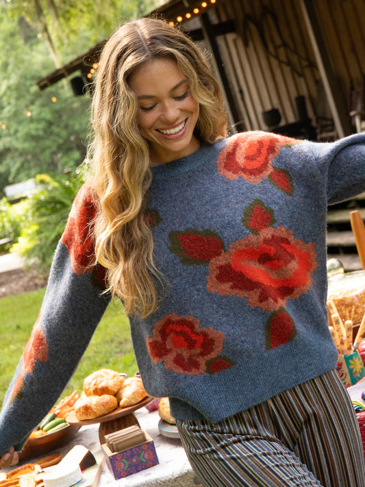 Rosie Reversible Jacquard Pullover Sweater - Denim Rose