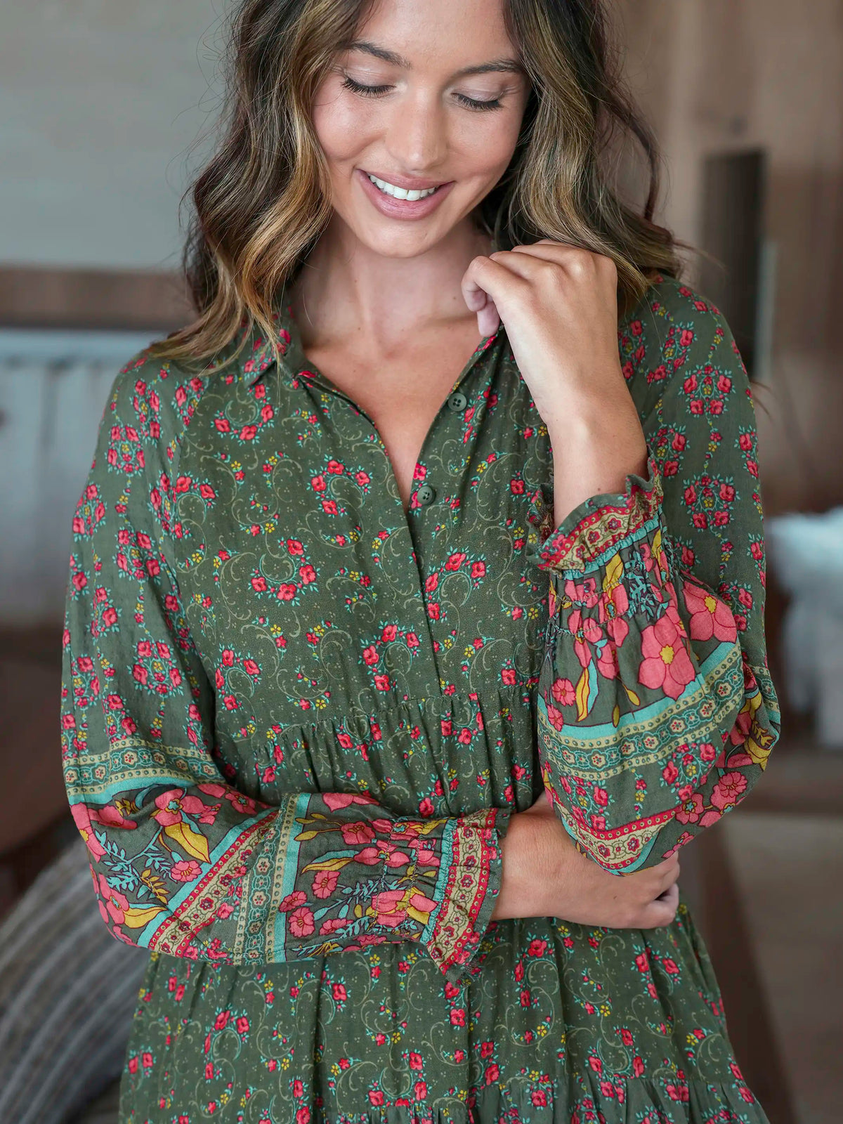 Rebecca Long Sleeve Midi Dress - Filigree Border Olive