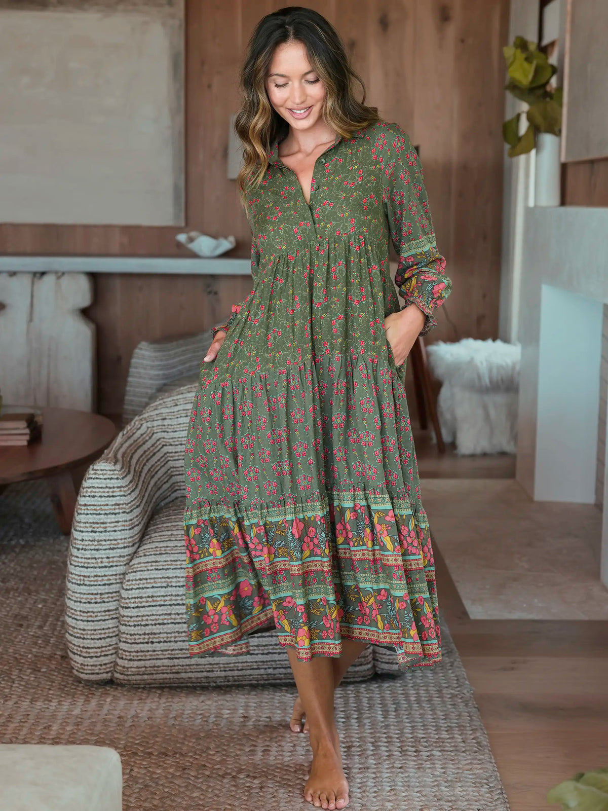 Rebecca Long Sleeve Midi Dress - Filigree Border Olive