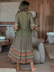 Rebecca Long Sleeve Midi Dress - Filigree Border Olive