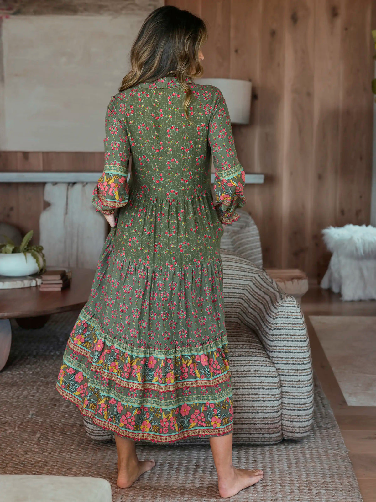 Rebecca Long Sleeve Midi Dress - Filigree Border Olive