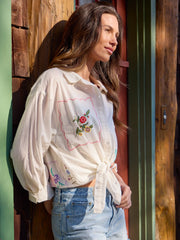 Barcelona Embroidered Cotton Button Down - White Handkerchief