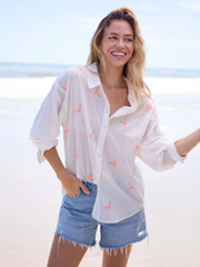 Barcelona Embroidered Cotton Button Down - White Floral