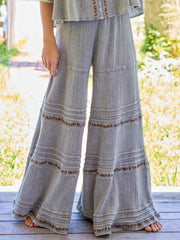Patti Embroidered Cotton Palazzo Pants - Light Grey