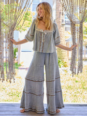 Patti Embroidered Cotton Palazzo Pants - Light Grey