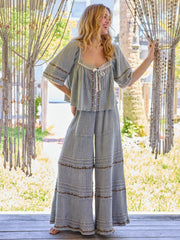 Patti Embroidered Cotton Palazzo Pants - Light Grey
