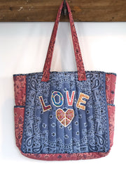Quilted Applique Love Tote Bag - Blue Classic Bandana