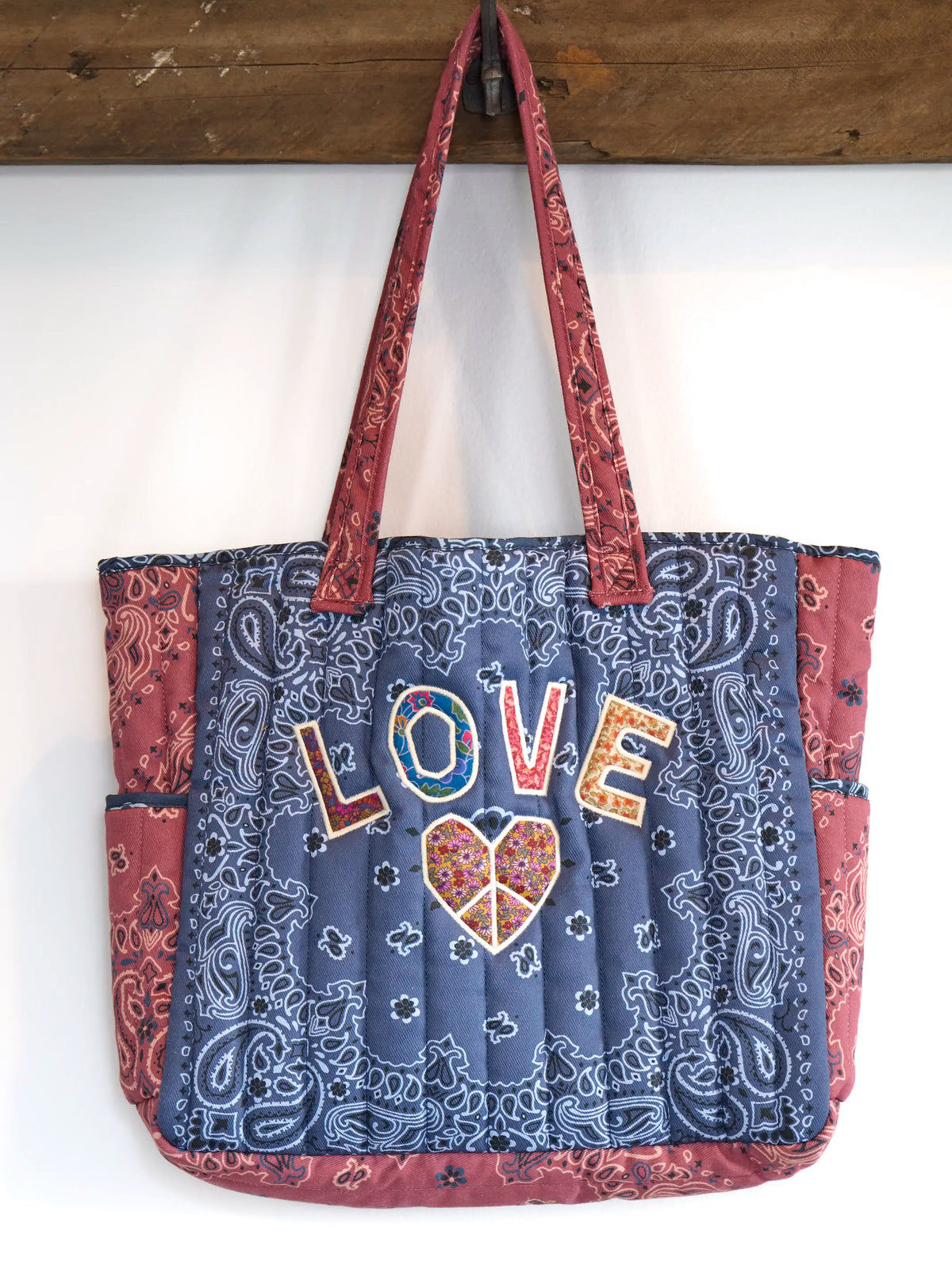 Quilted Applique Love Tote Bag - Blue Classic Bandana