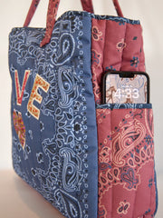 Quilted Applique Love Tote Bag - Blue Classic Bandana