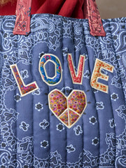 Quilted Applique Love Tote Bag - Blue Classic Bandana