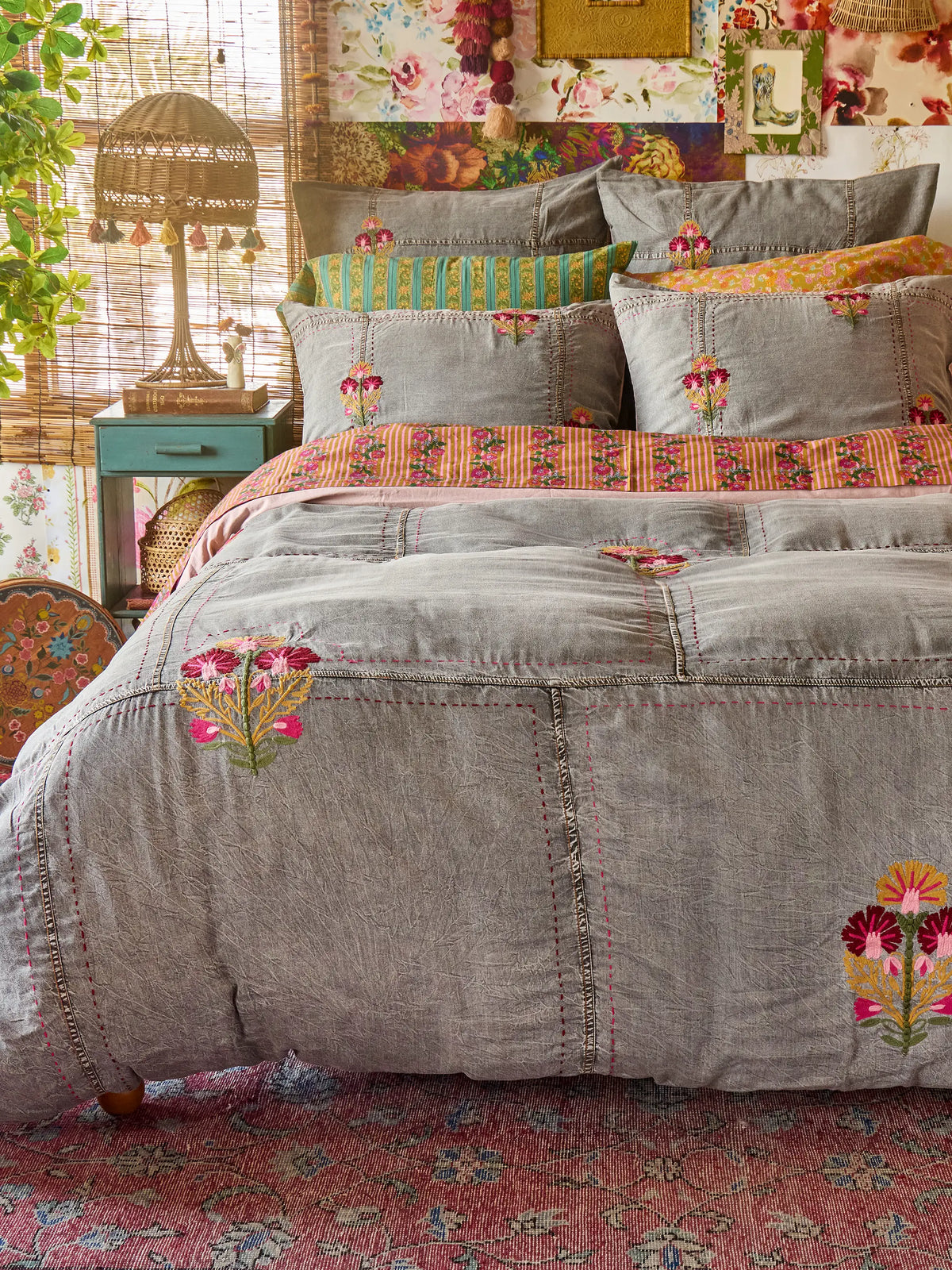 Embroidered Denim Euro Sham - Light Grey