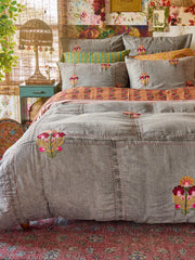 Embroidered Denim Shams, Set of 2 - Light Grey