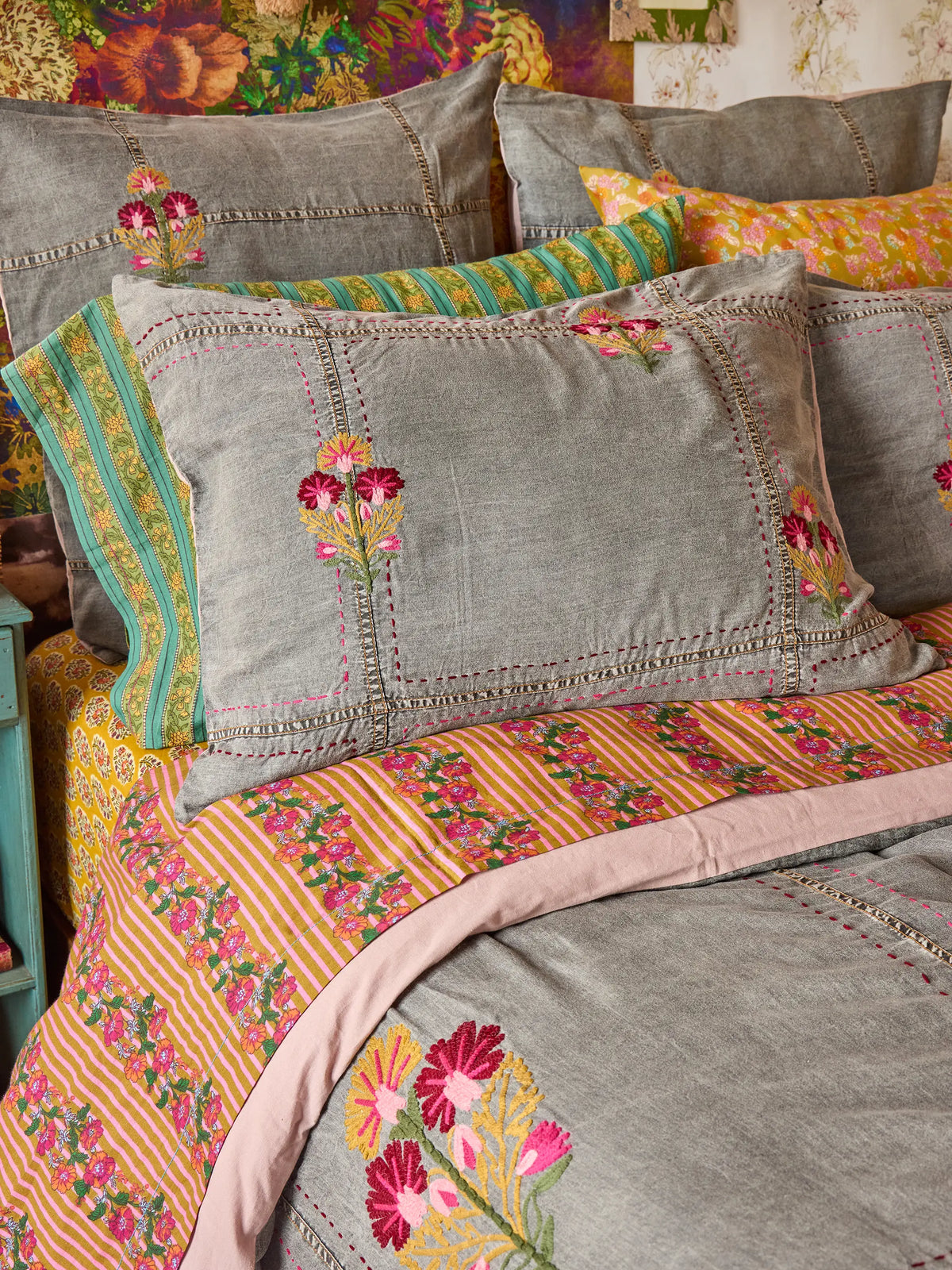 Embroidered Denim Euro Sham - Light Grey