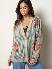 Live Happy Cardigan Sweater - Jaipur Stripe Washed Teal