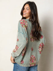 Live Happy Cardigan Sweater - Jaipur Stripe Washed Teal