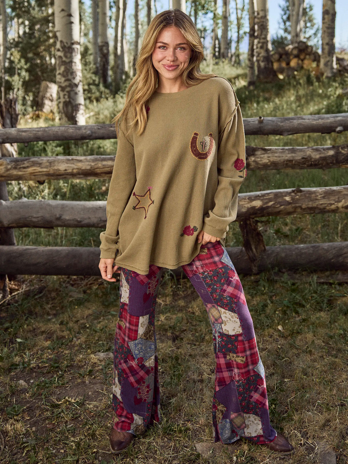Cali Knit Flare Pants - Aspen Patchwork Burgundy