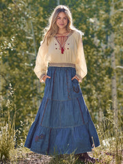 Embroidered Cotton Long Sleeve Peasant Top - Ivory