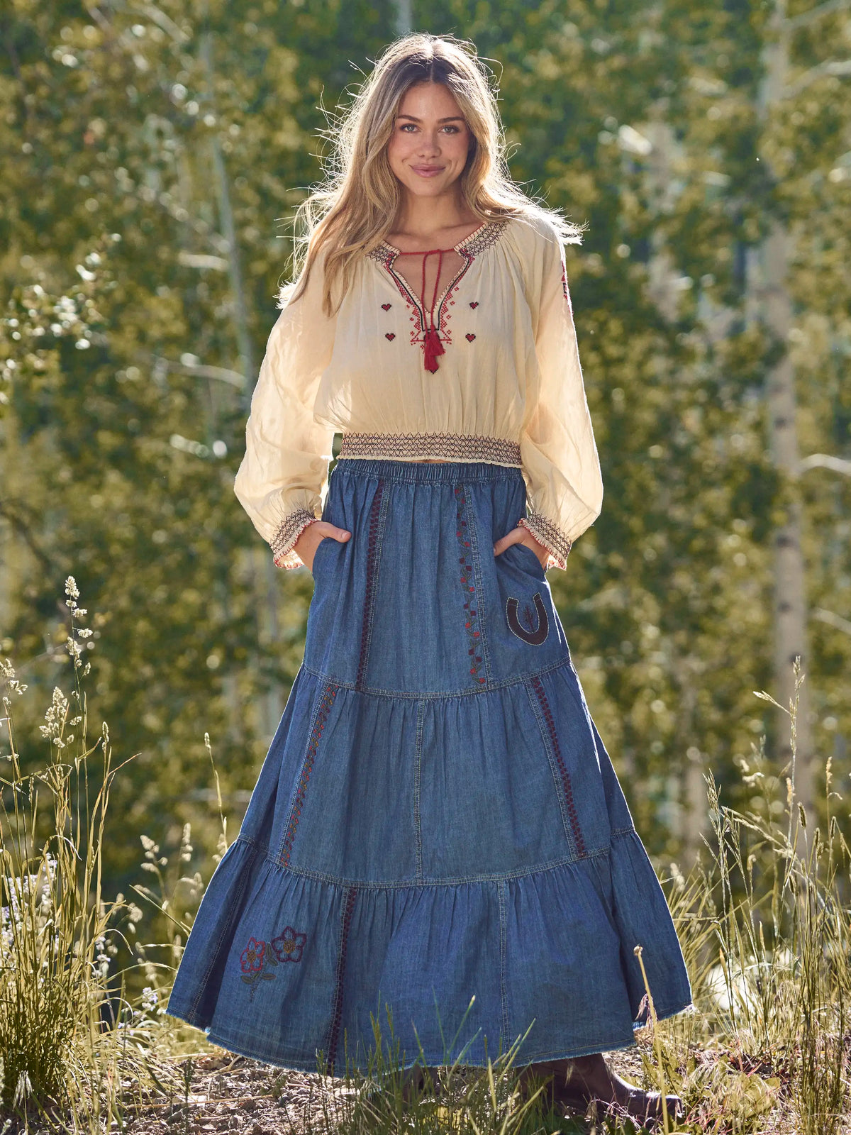Abilene Embroidered Cotton Maxi Skirt - Denim