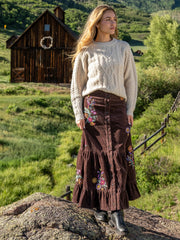 Free Fallin' Embroidered Corduroy Maxi Skirt - Brown Rainbow Blooms