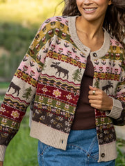 Jacquard Button Front Cardigan Sweater - Moose